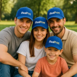 Șepci albastru regal personalizate cu nume purtate de familie – model unisex, perfect pentru echipe, cadouri și branding premium