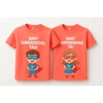 tricouri copii personalizate coral – set supereroi băiat și fată, imprimeu colorat și mesaj vesel