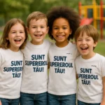 Tricou copii personalizat alb – băiețel fericit purtând tricou cu mesaj „Sunt supereroul tău!” în parc, simbol al veseliei și energiei pozitiv