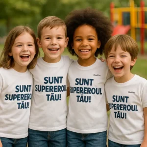 Tricou copii personalizat alb – băiețel fericit purtând tricou cu mesaj „Sunt supereroul tău!” în parc, simbol al veseliei și energiei pozitiv
