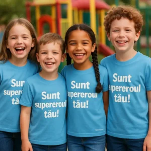 Grup de copii purtând tricouri personalizate albastru azur cu mesajul „Sunt supereroul tău!” – atmosferă veselă, culoare luminoasă și energie pozitivă