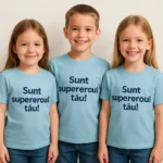 Grup de copii purtând tricouri personalizate albastru deschis – mesaj vizibil „Sunt supereroul tău”, ton jucăuș și luminos