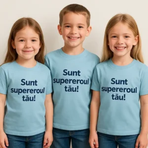 Grup de copii purtând tricouri personalizate albastru deschis – mesaj vizibil „Sunt supereroul tău”, ton jucăuș și luminos