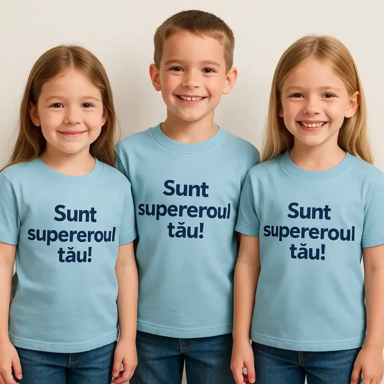 Grup de copii purtând tricouri personalizate albastru deschis – mesaj vizibil „Sunt supereroul tău”, ton jucăuș și luminos
