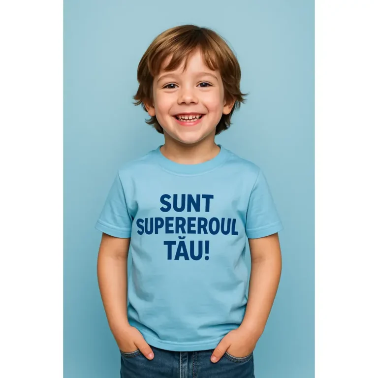 Băiețel zâmbitor purtând tricou personalizat albastru deschis – design vesel cu mesaj amuzant