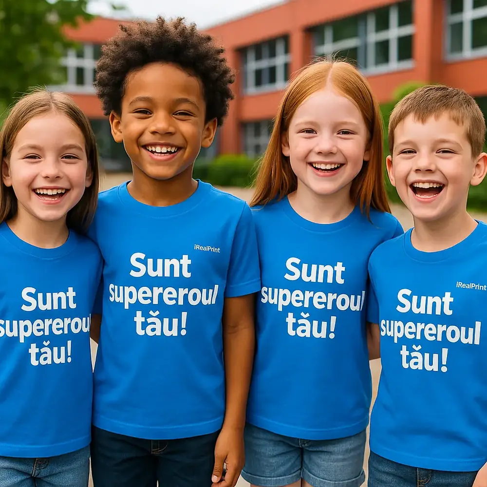 tricou-copii-albastru-personalizat-grup-energie-veselie-lifestyle Tricouri copii personalizate albastre – grup de copii fericiți purtând mesajul „Sunt supereroul tău!”, simbol al energiei, prieteniei și bucuriei copilăriei
