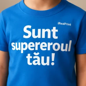 Tricou copii personalizat albastru – detaliu apropiat cu mesajul „Sunt supereroul tău!”, imprimeu clar aplicat prin transfer termic de calitate