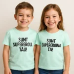 Tricou copii personalizat frost iRealPrint – pereche frate și soră, mesaje „Sunt supereroul tău!” și „Sunt supereroina ta!”, culoare pastel deschis, design luminos și modern.