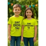 Tricouri copii personalizate lime cu mesaje 'Sunt eroul tău' și 'Sunt supereroina ta', imprimeu negru transfer termic iRealPrint – culoare vibrantă, energie și expresivitate