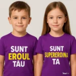 Tricou copii personalizat mov cu mesaje 'Sunt eroul tău' și 'Sunt supereroina ta', personalizare transfer termic galben-alb, iRealPrint – expresiv, elegant și creativ pentru fete și băieți