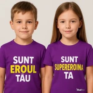 Tricou copii personalizat mov cu mesaje 'Sunt eroul tău' și 'Sunt supereroina ta', personalizare transfer termic galben-alb, iRealPrint – expresiv, elegant și creativ pentru fete și băieți