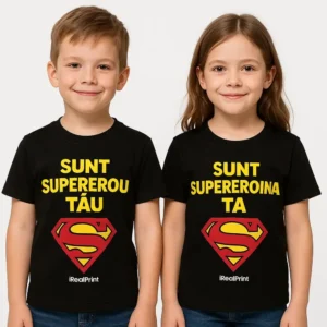 Tricouri copii negre personalizate cu mesaj „Sunt supereroul tău / Sunt supereroina ta”, imprimeu galben cu simbol roșu Superman, iRealPrint, contrast puternic pe fundal negru
