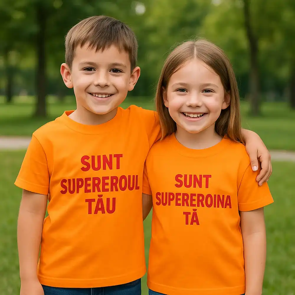 tricou-copii-orange-personalizat-vibratie-supereroina-bucurie-lifestyle-grup Copii purtând tricouri personalizate orange cu mesaje „Sunt supereroul tău” și „Sunt supereroina ta”, design contrast roșu, imagine lifestyle în parc – energie și creativitate.