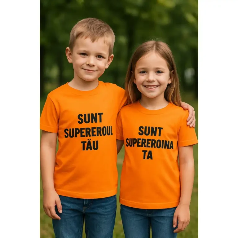 Copii purtând tricouri personalizate orange cu mesaje „Sunt supereroul tău” și „Sunt supereroina ta”, imagine lifestyle în parc – energie și vizibilitate maximă.