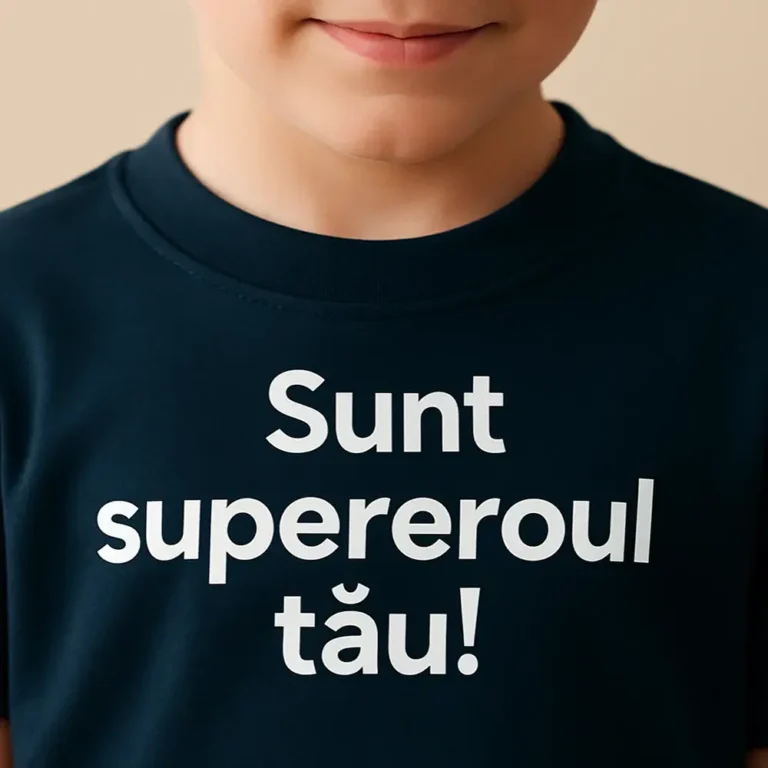 Detaliu imprimeu alb pe tricou copii albastru navy – personalizare clară prin transfer termic