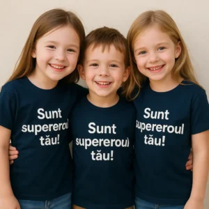 Tricou copii personalizat albastru navy cu mesaj Sunt supereroul tău – design premium iRealPrint