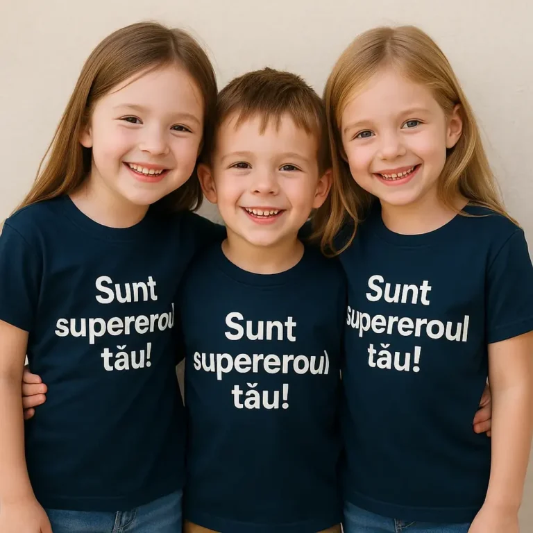 Tricou copii personalizat albastru navy cu mesaj Sunt supereroul tău – design premium iRealPrint