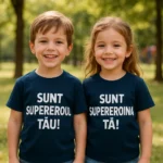tricou copii personalizat albastru nocturn – set frate și soră, imprimeu alb „Sunt supereroul tău / Sunt supereroina ta”, fotografie lifestyle în parc