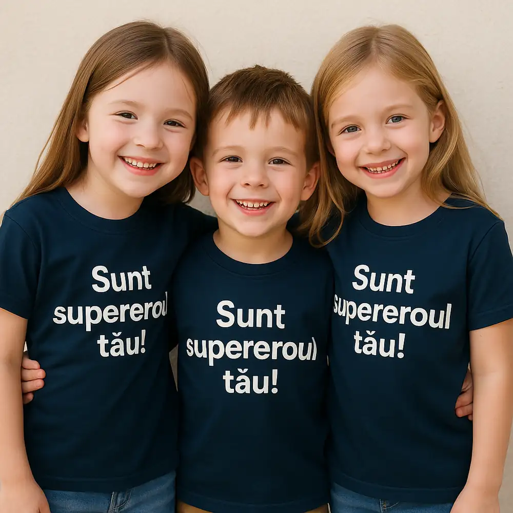 tricou-copii-personalizat-albastru-nocturn-lifestyle-casual ChatGPT said: tricou copii personalizat albastru nocturn – grup frate soră, imprimeu alb „Sunt supereroul tău!”, look elegant și emoție autentică