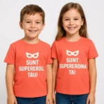tricou copii personalizat coral – set frate și soră cu mesaje supereroi, design vesel și expresiv