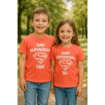 tricou copii personalizat coral – supereroi tip Superman, frate și soră, mesaj pozitiv și design adorabil