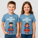 Tricou copii personalizat denim iRealPrint – frate și soră purtând tricouri albastre cu supereroi amuzanți, mesaje „Sunt supereroul tău!” și „Sunt supereroina ta!”, imprimeu colorat și expresiv.