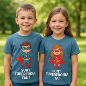 Tricou copii personalizat denim iRealPrint – frate și soră în tricouri albastre cu personaje supereroi, mesaje „Sunt supereroul tău!” și „Sunt supereroina ta!”, design adorabil și plin de energie.