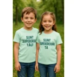 Tricou copii personalizat frost iRealPrint – frate și soră purtând tricouri pastel, cu mesaje „Sunt supereroul tău” și „Sunt supereroina ta”, design clar și expresiv în natură.
