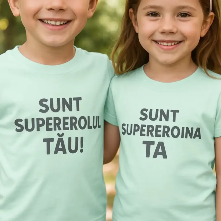 Tricou copii personalizat frost iRealPrint – prim-plan detaliu frontal, mesaje „Sunt supereroul tău” și „Sunt supereroina ta”, imprimeu clar pe bumbac pastel deschis.