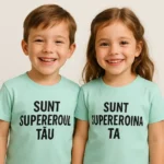 Tricou copii personalizat frost iRealPrint – frate și soră purtând tricouri pastel cu mesaje „Sunt supereroul tău” și „Sunt supereroina ta”, zâmbete autentice și design jucăuș.