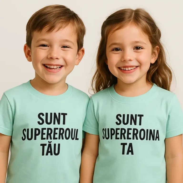 Tricou copii personalizat frost iRealPrint – frate și soră purtând tricouri pastel cu mesaje „Sunt supereroul tău” și „Sunt supereroina ta”, zâmbete autentice și design jucăuș.