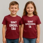 Tricou copii personalizat garnet iRealPrint – vedere laterală, croială modernă unisex, material bumbac moale, fundal alb curat, nuanță roșu închis elegant ideală pentru personalizări premium.