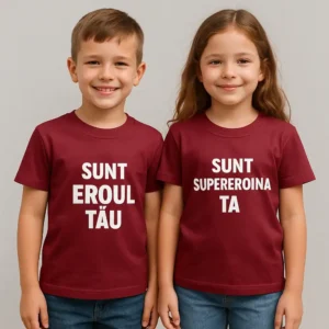 Tricou copii personalizat garnet iRealPrint – vedere laterală, croială modernă unisex, material bumbac moale, fundal alb curat, nuanță roșu închis elegant ideală pentru personalizări premium.