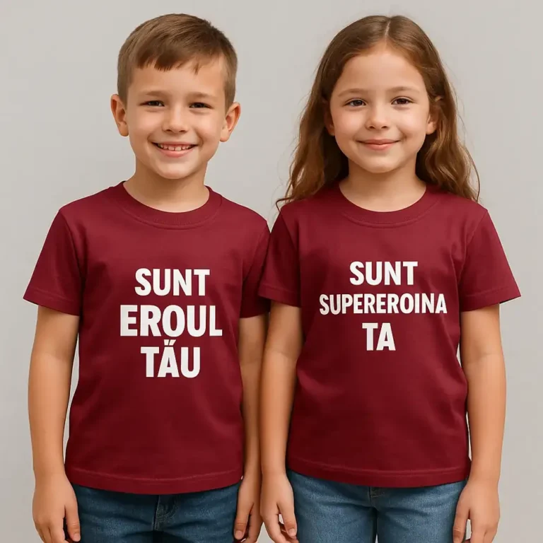 Tricou copii personalizat garnet iRealPrint – vedere laterală, croială modernă unisex, material bumbac moale, fundal alb curat, nuanță roșu închis elegant ideală pentru personalizări premium.