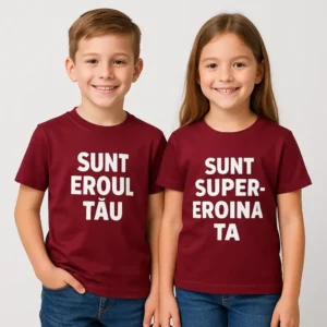 Tricou copii personalizat garnet iRealPrint – vedere frontală pe fundal alb, material bumbac premium, nuanță roșu închis intens, croială unisex, design simplu pregătit pentru personalizare de impact.