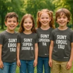 tricou copii personalizat gri închis – grup de patru copii cu mesaje „Sunt eroul tău / Sunt supereroina ta”, bumbac premium iRealPrint, contrast alb vizibil în parc