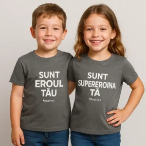 tricou copii personalizat gri închis – frate și soră, mesaj „Sunt eroul tău / Sunt supereroina ta”, bumbac premium iRealPrint