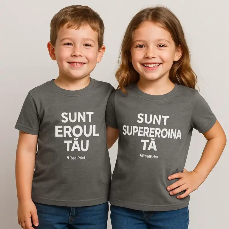 tricou copii personalizat gri închis – frate și soră, mesaj „Sunt eroul tău / Sunt supereroina ta”, bumbac premium iRealPrint