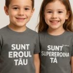 tricou copii personalizat gri închis – close-up frate și soră, mesaj „Sunt eroul tău / Sunt supereroina ta”, bumbac premium iRealPrint