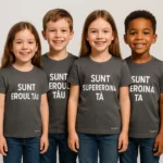 tricou copii personalizat gri închis – grup de patru copii, mesaj „Sunt eroul tău / Sunt supereroina ta”, bumbac premium iRealPrint