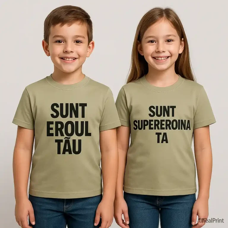 Tricouri copii personalizate kaki deschis cu mesaje 'Sunt eroul tău' și 'Sunt supereroina ta', imprimeu negru transfer termic iRealPrint – naturalețe, stil discret și vizibilitate clară
