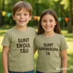 Tricouri copii personalizate kaki deschis cu mesaje 'Sunt eroul tău' și 'Sunt supereroina ta', imprimeu maro transfer termic iRealPrint – fundal natural, vizibil și autentic