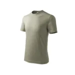 Tricou copii personalizat kaki deschis, vedere laterală, bumbac premium pregătit pentru imprimare prin transfer termic iRealPrint – fundal cald, natural și vizibil pentru mesaje