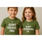 tricou-copii-personalizat-kaki-lifestyle-grup – doi copii poartă tricouri kaki personalizate cu mesaj alb „Sunt eroul tău / Sunt supereroina ta”, zâmbete naturale, fundal interior luminos
