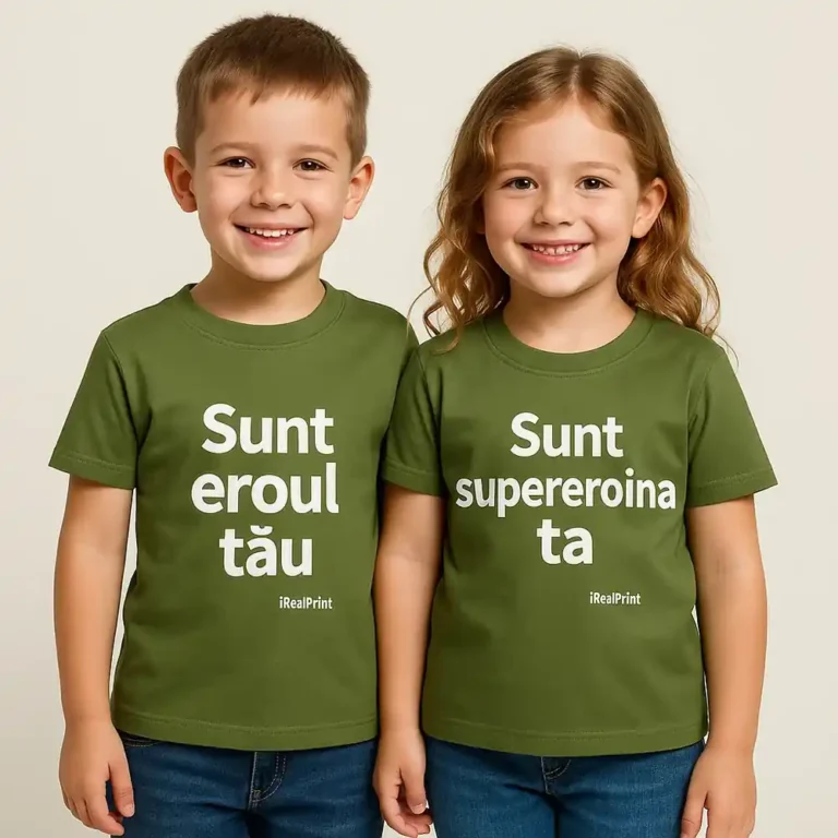 tricou-copii-personalizat-kaki-lifestyle-naturala – doi copii poartă tricouri kaki cu mesaj alb „Sunt eroul tău / Sunt supereroina ta”, look casual, fundal interior luminos