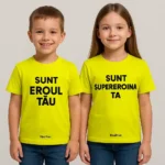 Tricouri copii personalizate lime cu mesaje 'Sunt eroul tău' și 'Sunt supereroina ta', imprimeu negru transfer termic iRealPrint – culoare vibrantă, energie și vizibilitate maximă