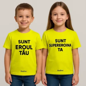 Tricouri copii personalizate lime cu mesaje 'Sunt eroul tău' și 'Sunt supereroina ta', imprimeu negru transfer termic iRealPrint – culoare vibrantă, energie și vizibilitate maximă