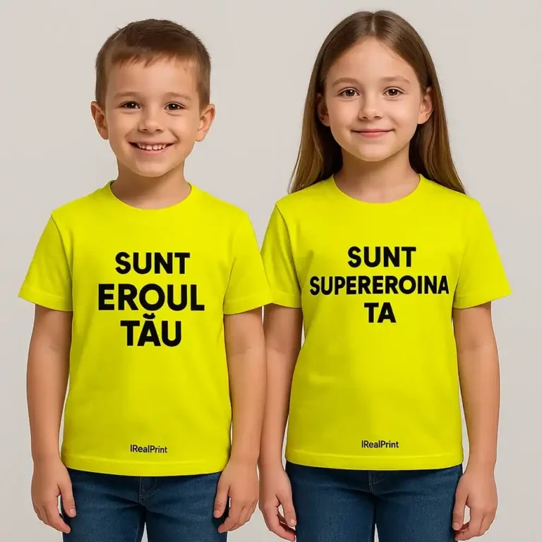 Tricouri copii personalizate lime cu mesaje 'Sunt eroul tău' și 'Sunt supereroina ta', imprimeu negru transfer termic iRealPrint – culoare vibrantă, energie și vizibilitate maximă