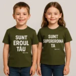 Tricouri copii personalizate militar cu mesaje 'Sunt eroul tău' și 'Sunt supereroina ta', imprimeu alb transfer termic iRealPrint – rezistență, curaj și identitate vizuală