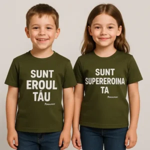 Tricouri copii personalizate militar cu mesaje 'Sunt eroul tău' și 'Sunt supereroina ta', imprimeu alb transfer termic iRealPrint – rezistență, curaj și identitate vizuală